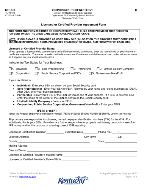 Form DCC-94B Licensed or Certified Provider Agreement Form - Kentucky