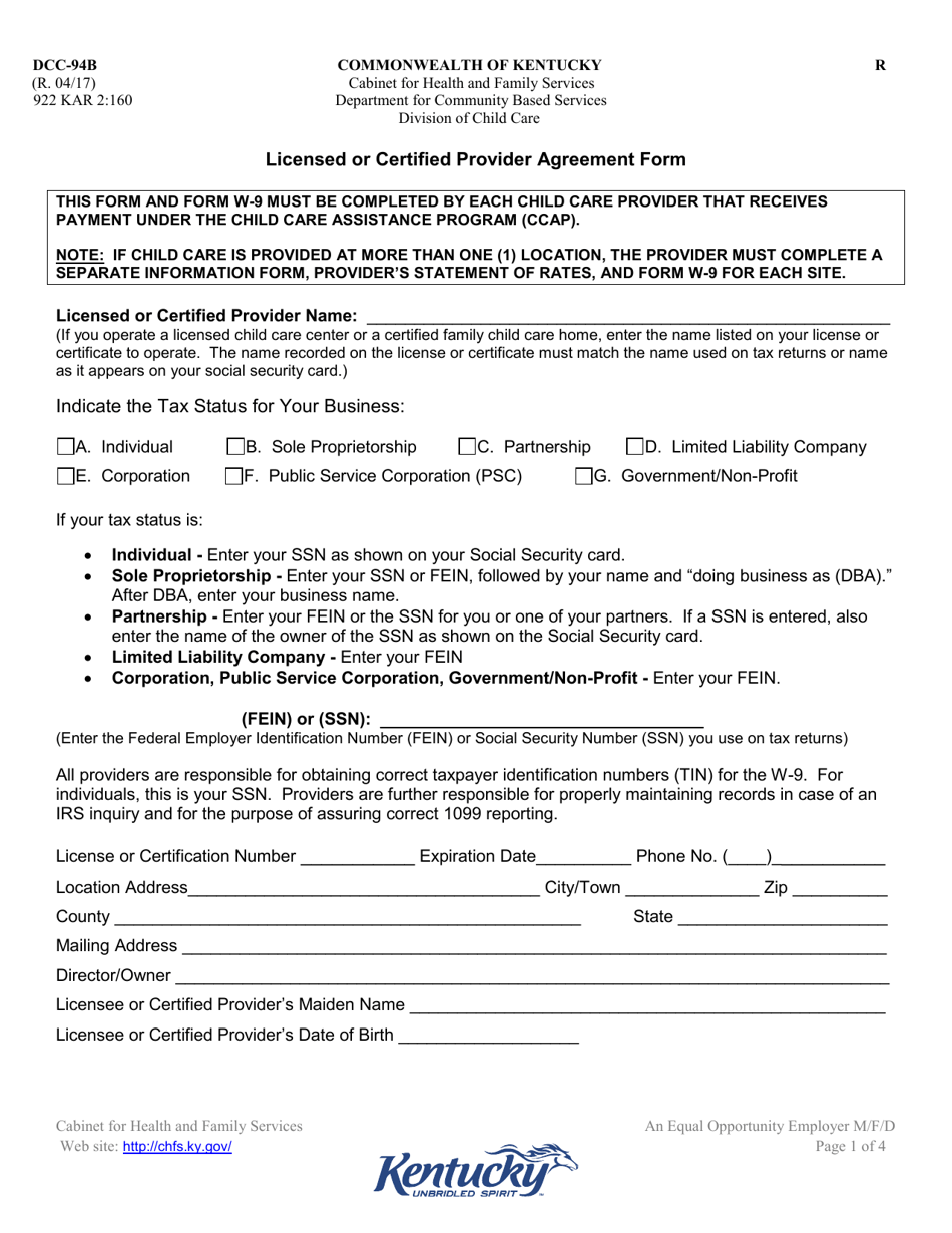 Form DCC-94B Licensed or Certified Provider Agreement Form - Kentucky, Page 1