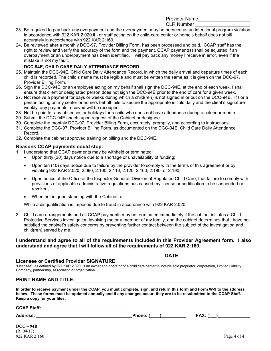 Form DCC-94B Licensed or Certified Provider Agreement Form - Kentucky, Page 4