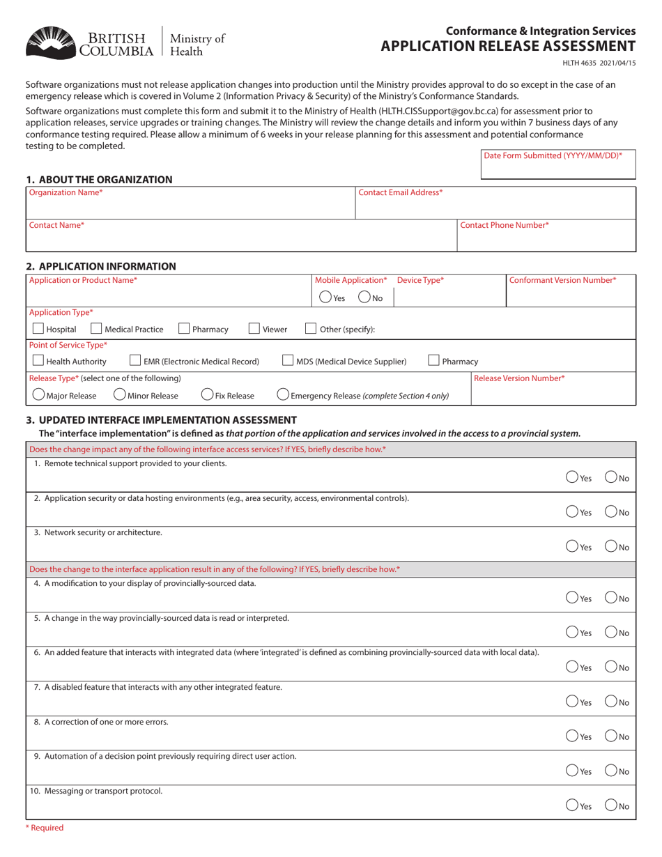 Form HLTH4635 Application Release Assessment - British Columbia, Canada, Page 1