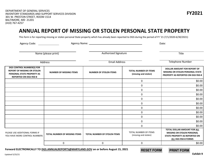 Exhibit 9 Annual Report of Missing or Stolen Personal State Property - Maryland, 2021