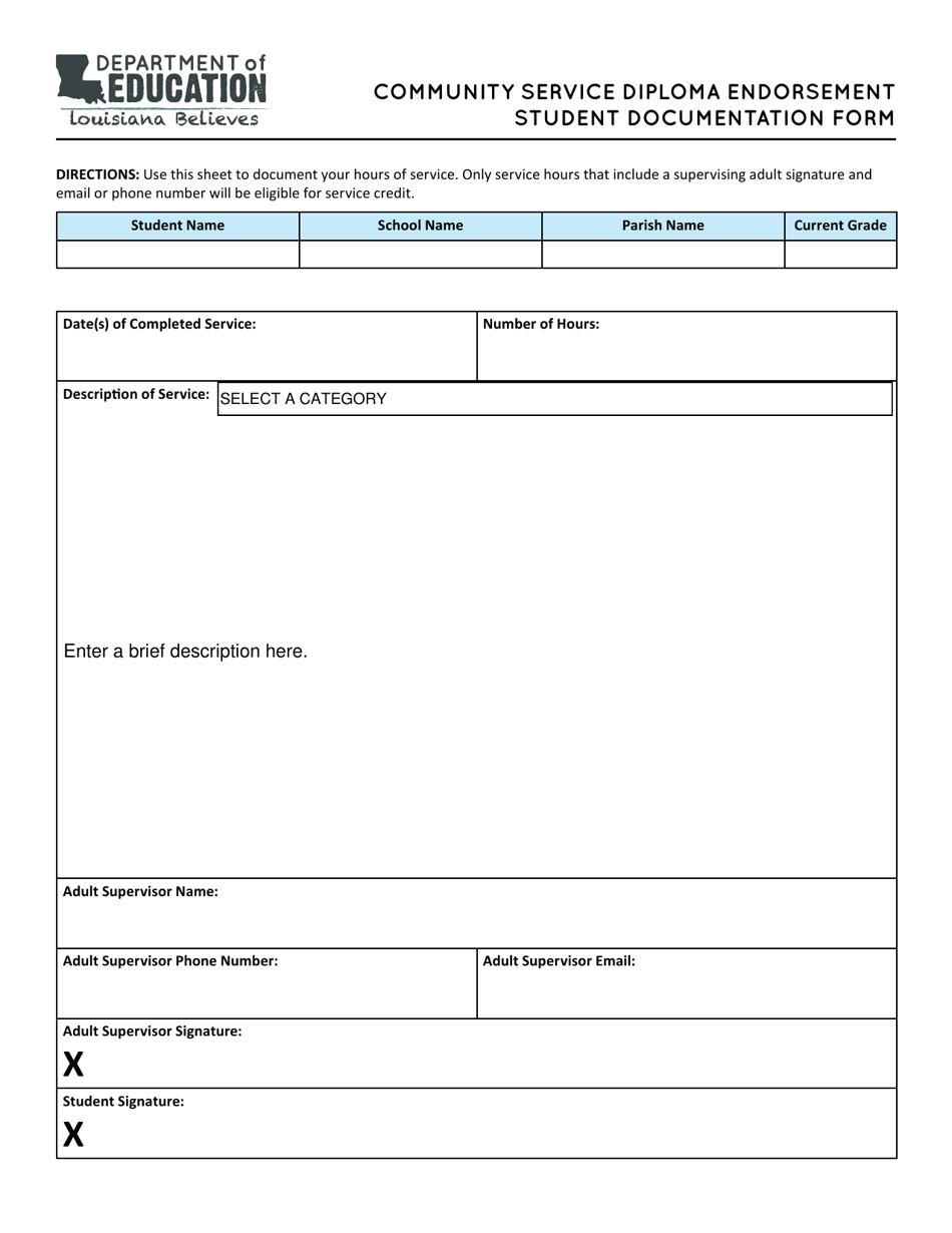 Community Service Diploma Endorsement Student Documentation Form - Louisiana, Page 1