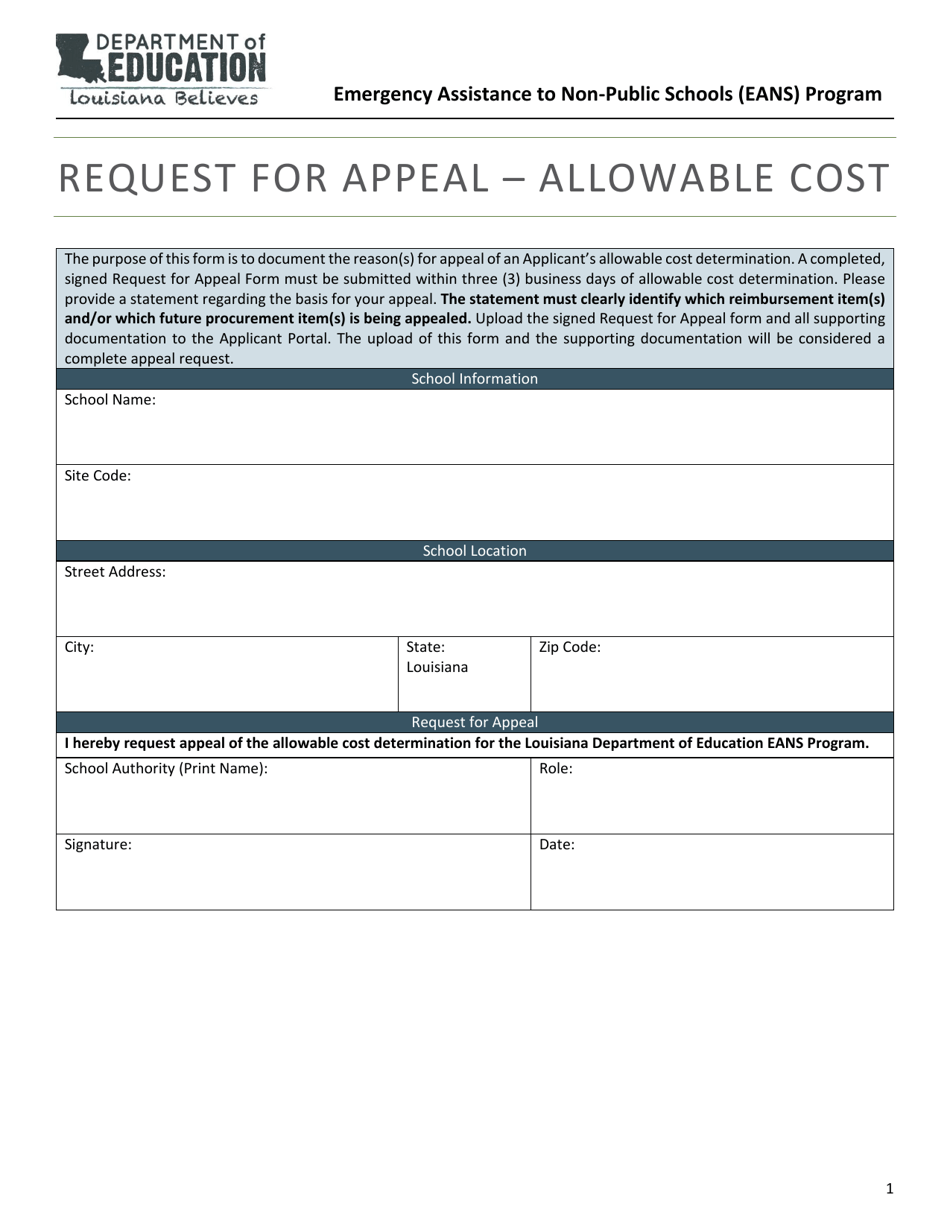 Request for Appeal - Allowable Cost - Louisiana, Page 1
