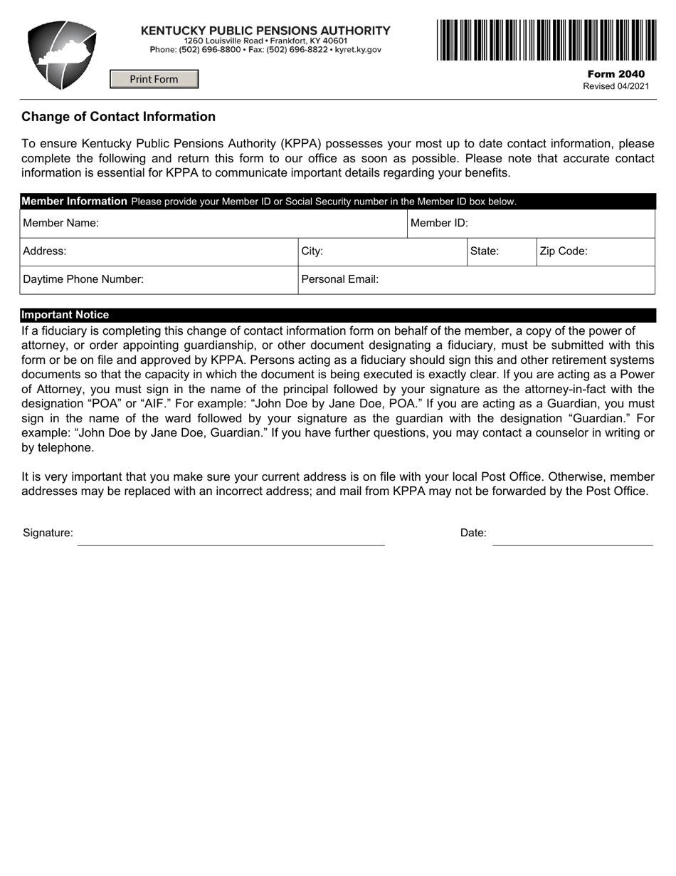 Form 2040 Change of Contact Information - Kentucky, Page 1