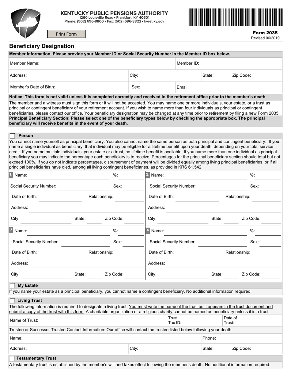 Form 2035 Fill Out Sign Online And Download Fillable PDF Kentucky   Form 2035 Beneficiary Designation Kentucky Print Big 