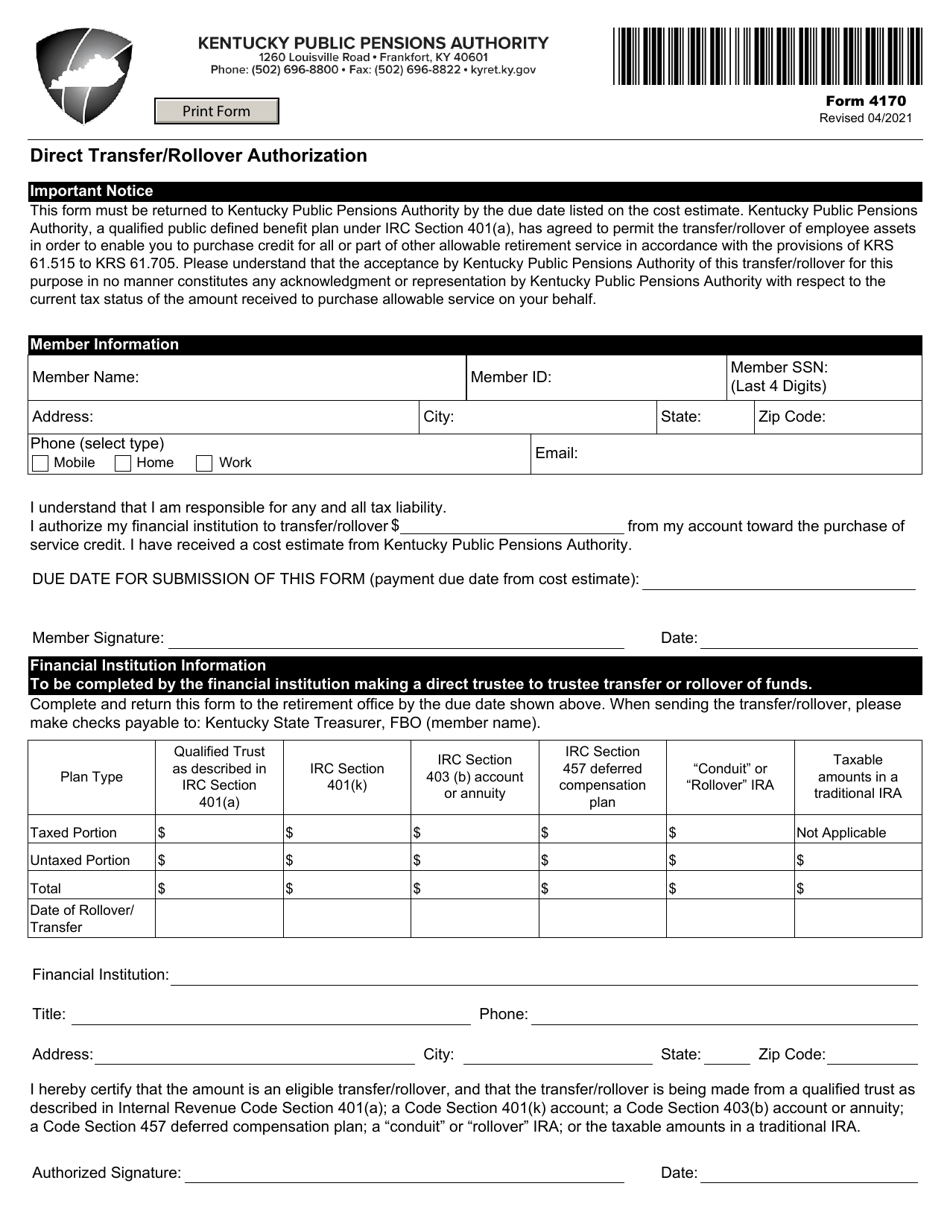 Form 4170 Direct Transfer / Rollover Authorization - Kentucky, Page 1
