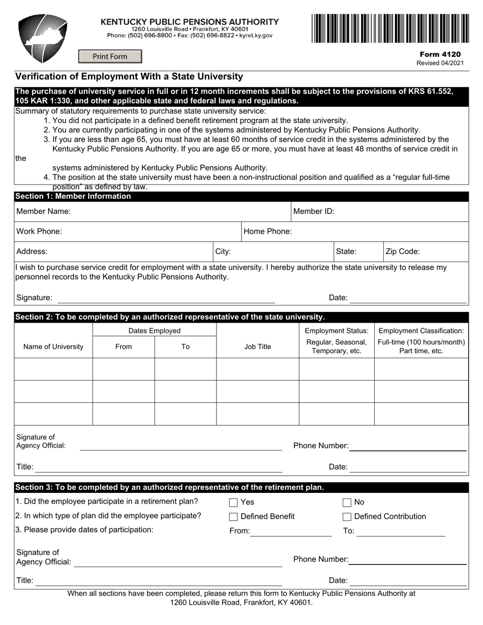 Form 4120 Verification of Employment With a State University - Kentucky, Page 1
