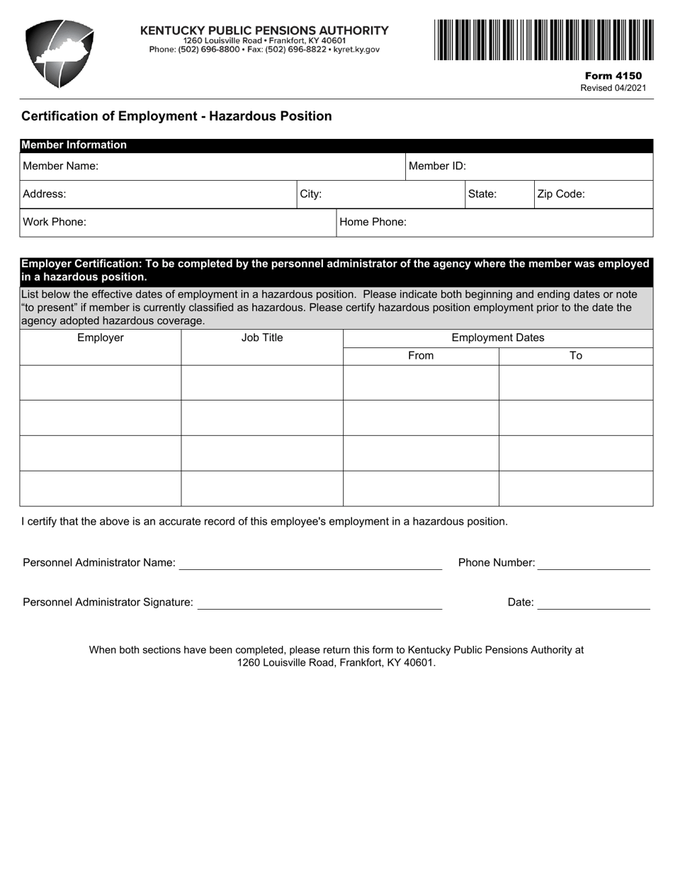Form 4150 Certification of Employment - Hazardous Position - Kentucky, Page 1