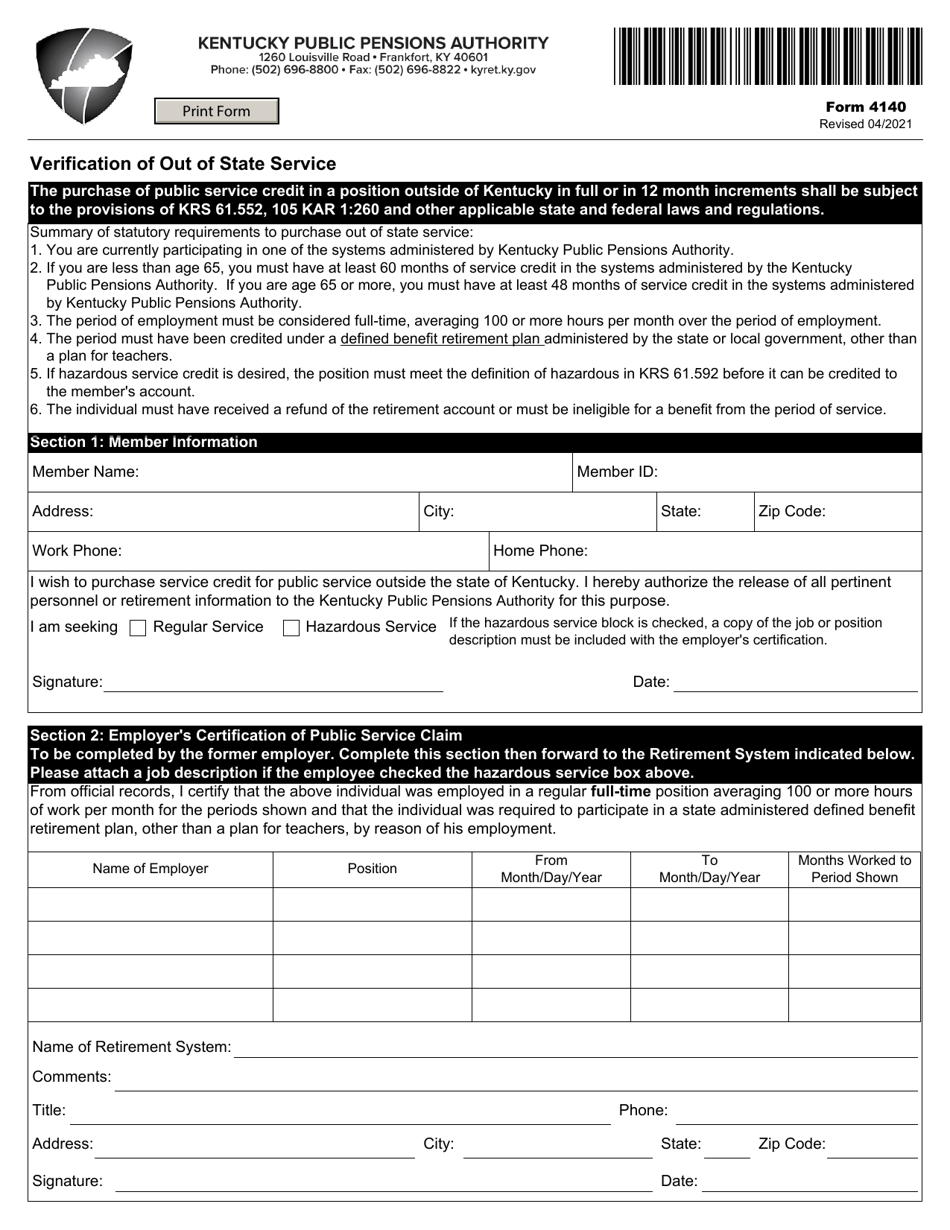 Form 4140 Verification of out of State Service - Kentucky, Page 1