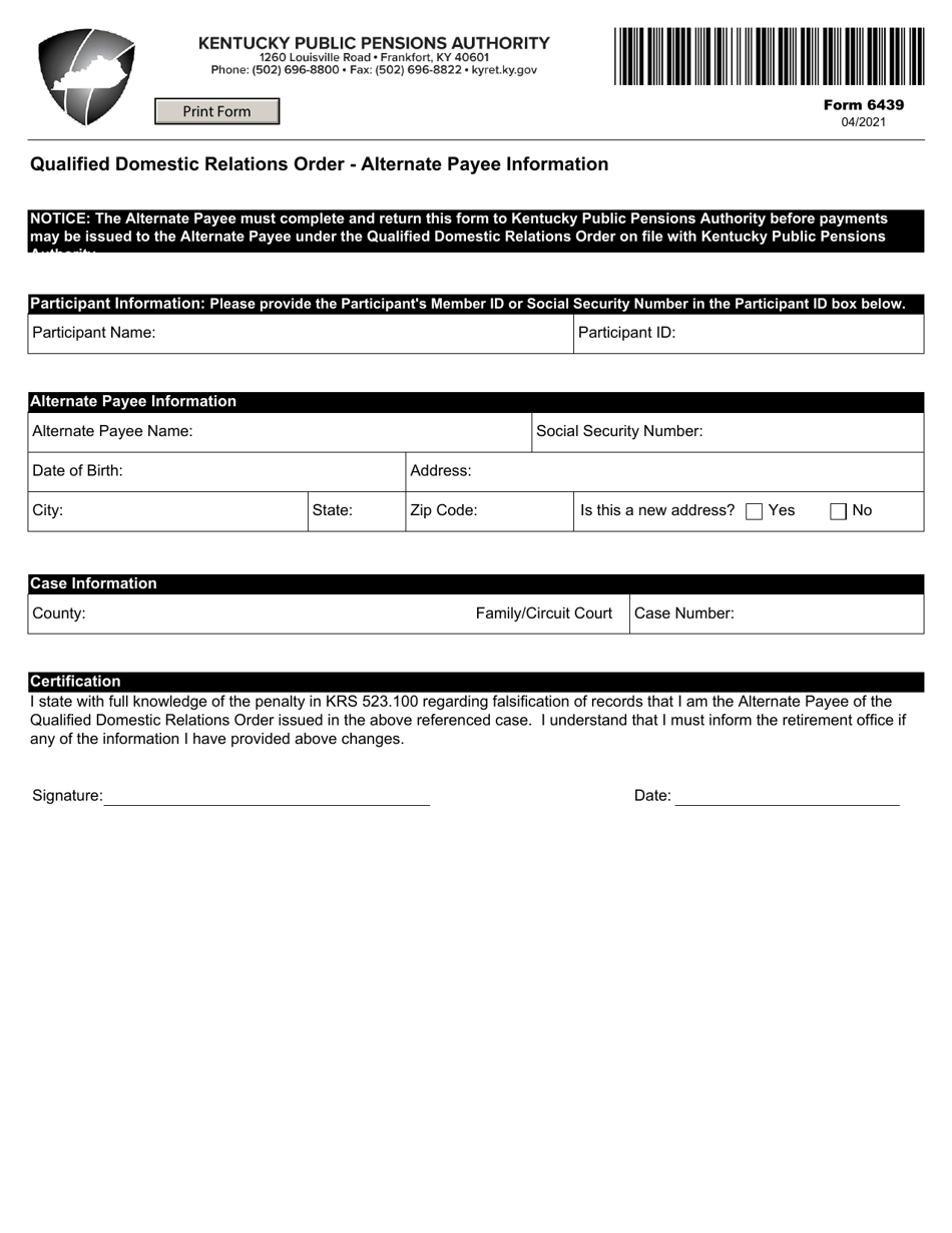 Form 6439 Qualified Domestic Relations Order - Alternate Payee Information - Kentucky, Page 1