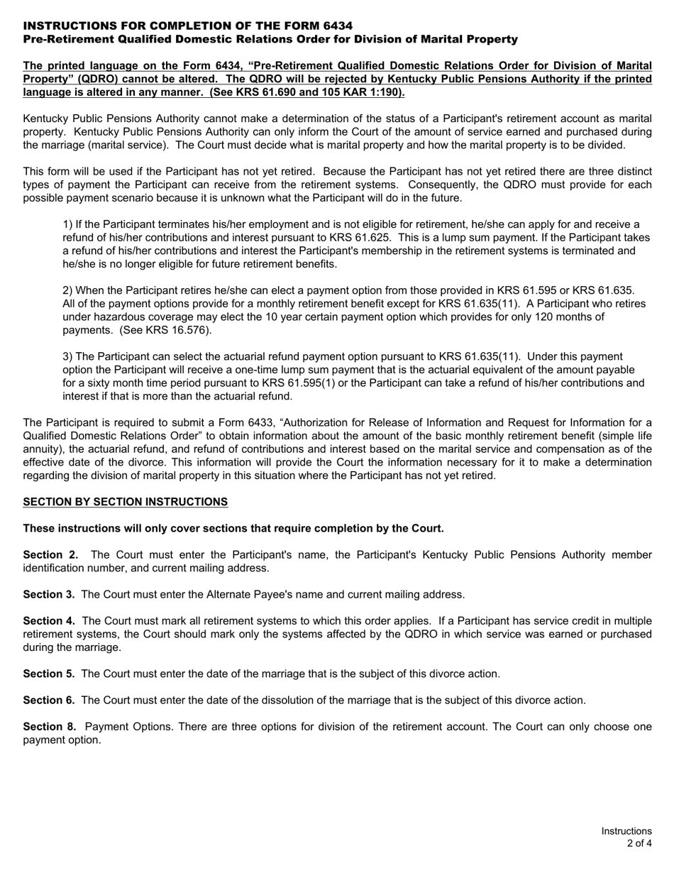 Form 6434 Pre-retirement Qualified Domestic Relations Order for Division of Marital Property - Kentucky, Page 2