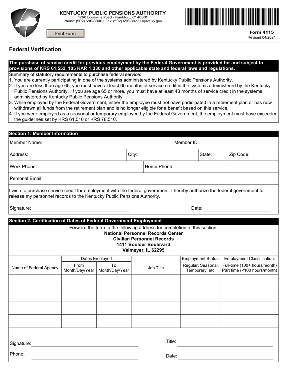 Form 4115 Federal Verification - Kentucky, Page 1