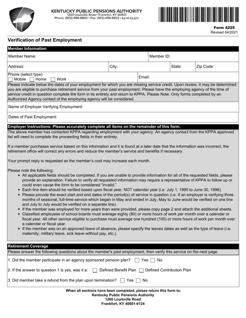 Form 4225 Verification of Past Employment - Kentucky