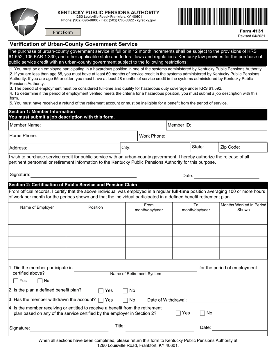 Form 4131 Verification of Urban-County Government Service - Kentucky, Page 1
