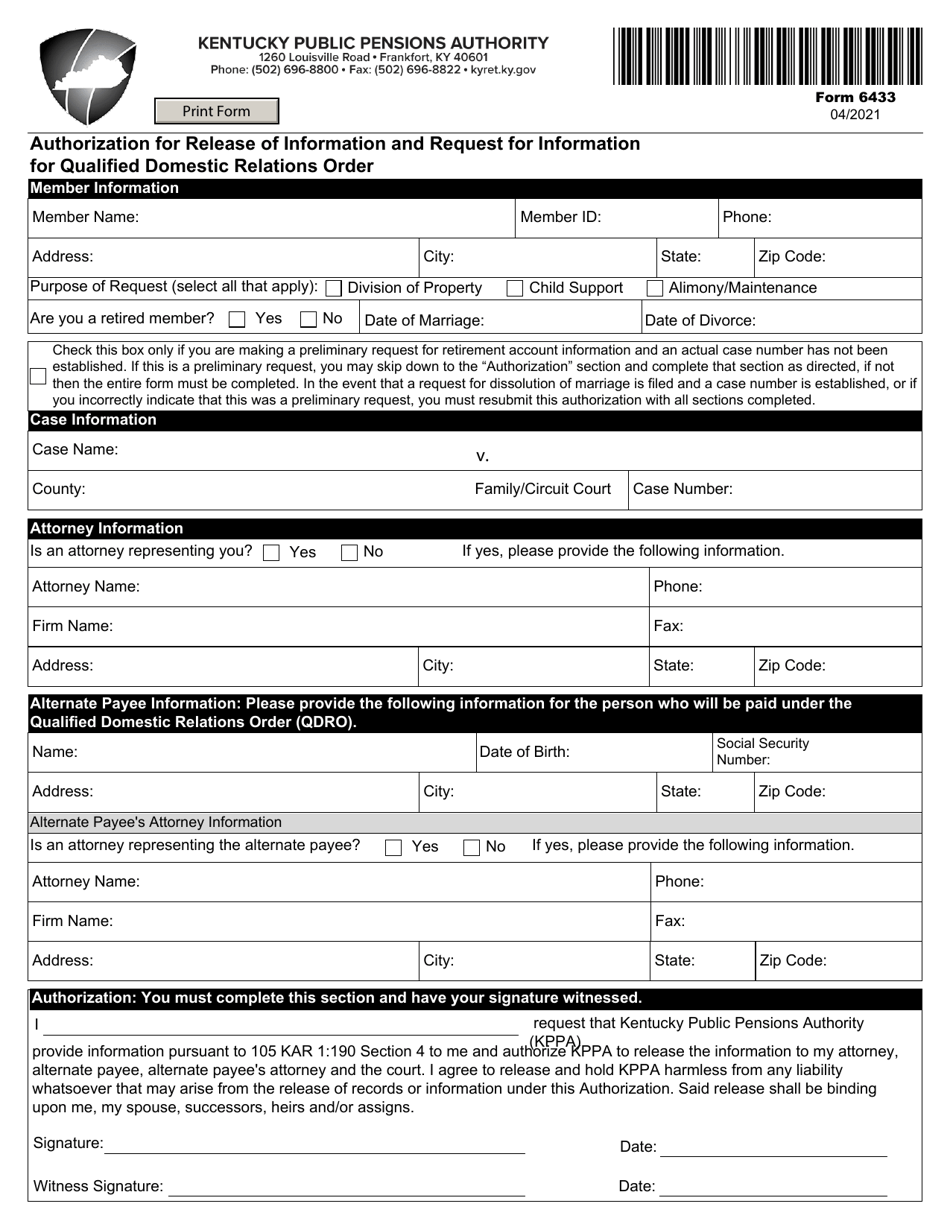 Form 6433 Authorization for Release of Information and Request for Information for Qualified Domestic Relations Order - Kentucky, Page 1