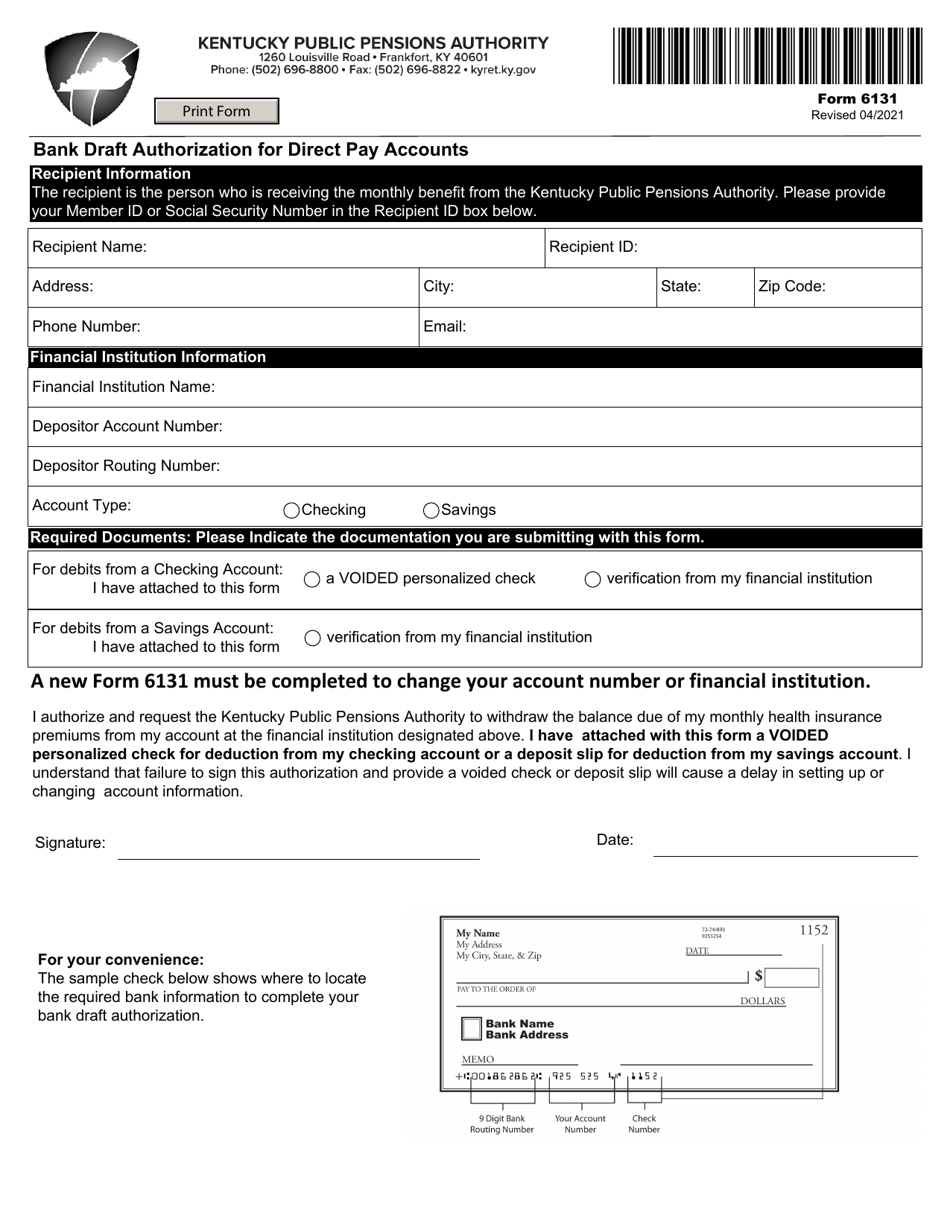 Form 6131 Bank Draft Authorization for Direct Pay Accounts - Kentucky, Page 1