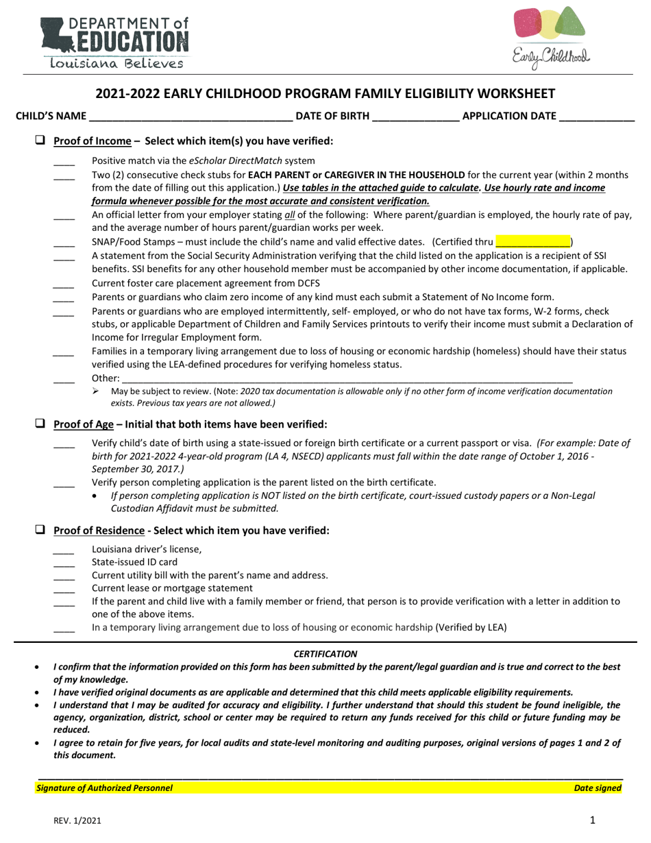 2022 Louisiana Early Childhood Program Family Eligibility Worksheet Fill Out, Sign Online and