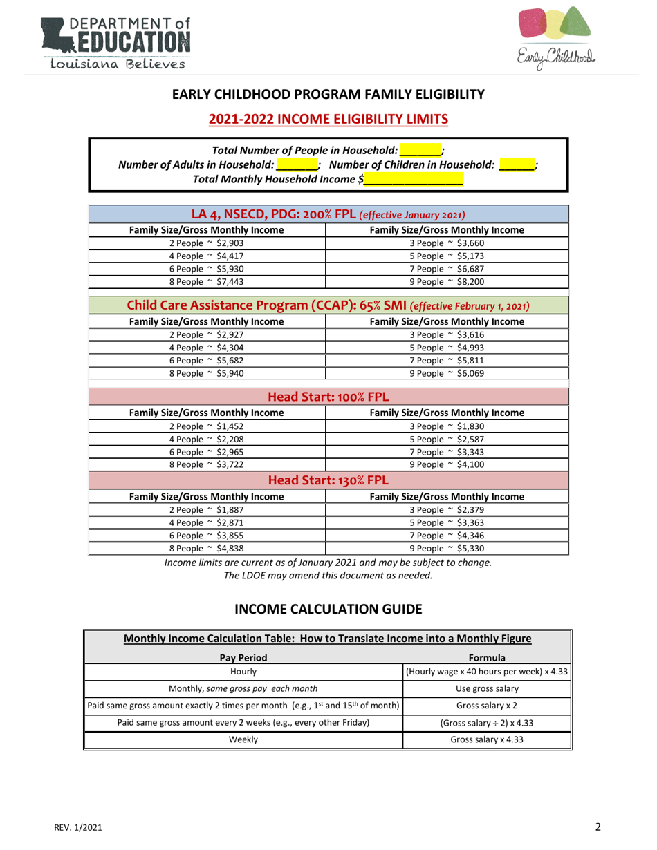 Early Childhood Program Family Eligibility Worksheet - Louisiana, Page 2
