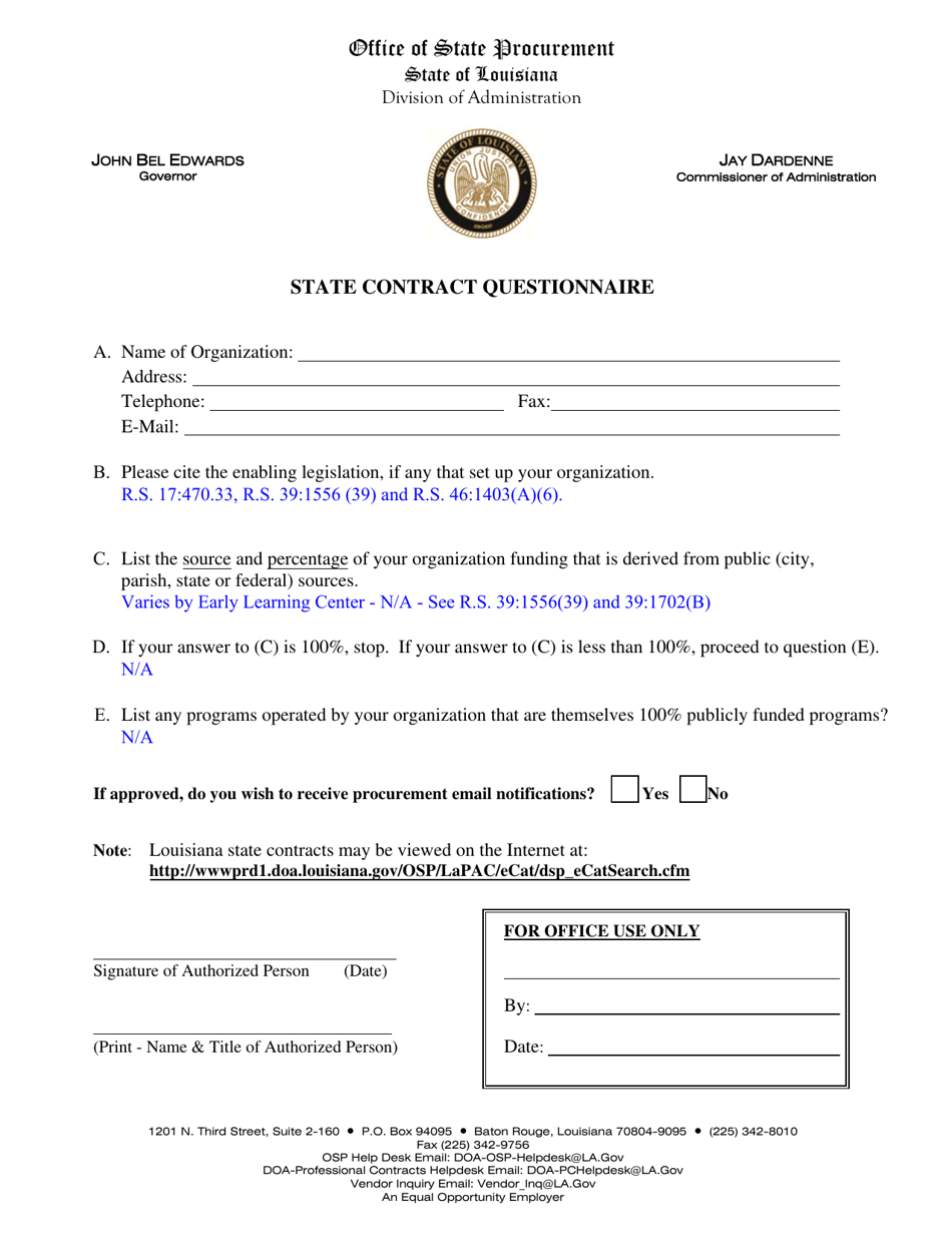 State Contract Questionnaire - Louisiana, Page 1