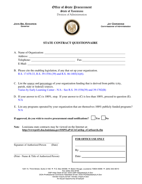 State Contract Questionnaire - Louisiana Download Pdf