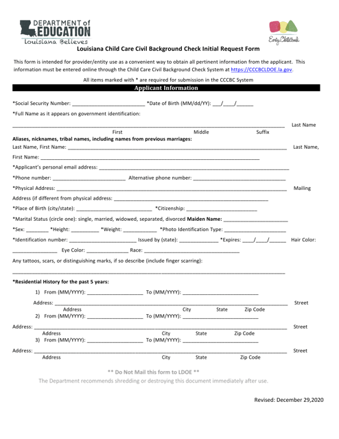 Louisiana Child Care Civil Background Check Initial Request Form - Louisiana Download Pdf