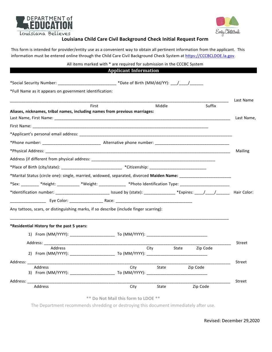 Louisiana Child Care Civil Background Check Initial Request Form - Louisiana, Page 1