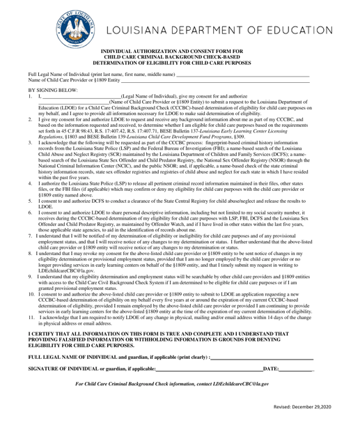 Individual Authorization and Consent Form for Child Care Criminal Background Check-Based Determination of Eligibility for Child Care Purposes - Louisiana Download Pdf