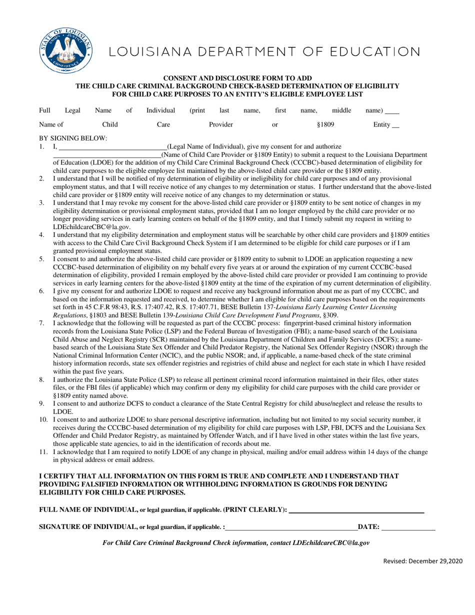 Louisiana Consent and Disclosure Form to Add the Child Care Criminal