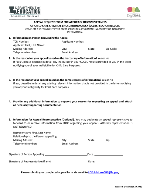 Appeal Request Form for Accuracy or Completeness of Child Care Criminal Background Check (Cccbc) Search Results - Louisiana Download Pdf