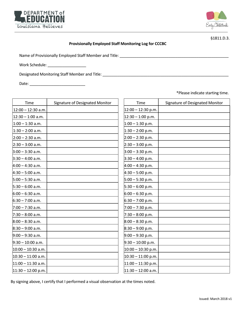 Provisionally Employed Staff Monitoring Log for Cccbc - Louisiana, Page 1