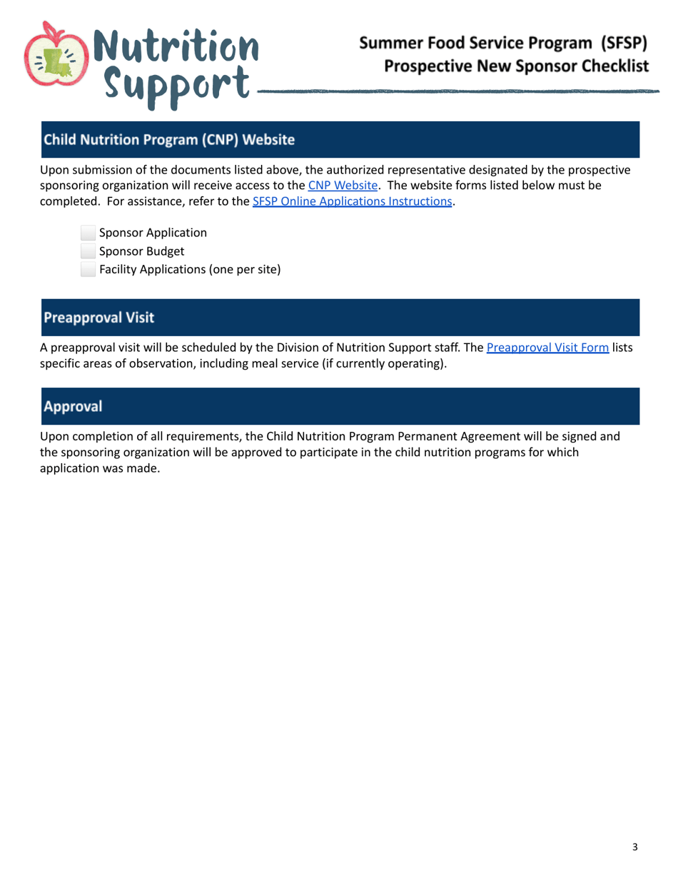 Prospective New Sponsor Checklist - Summer Food Service Program (Sfsp) - Louisiana, Page 3