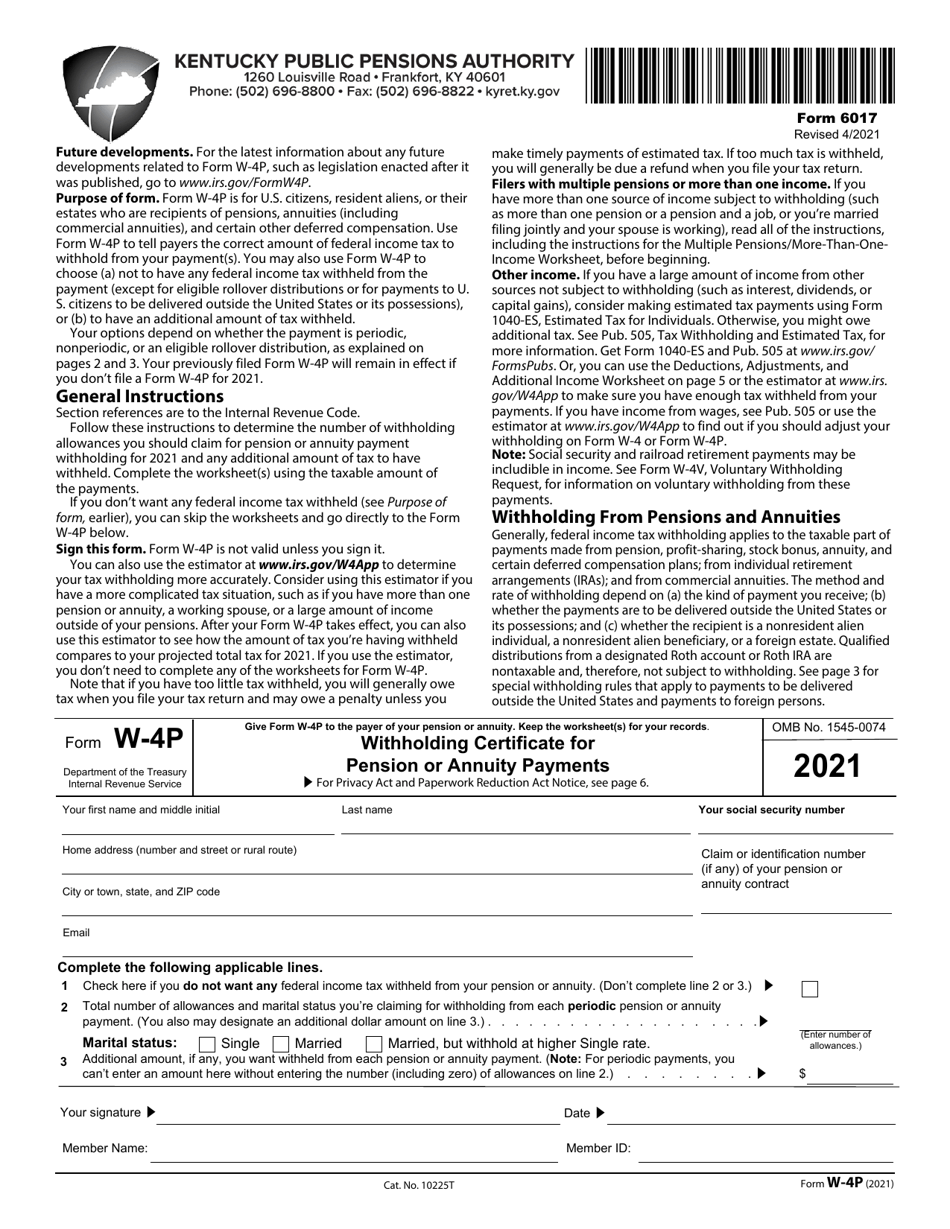 Form 6017 (IRS Form W-4P) Withholding Certificate for Pension or Annuity Payments - Kentucky, Page 1