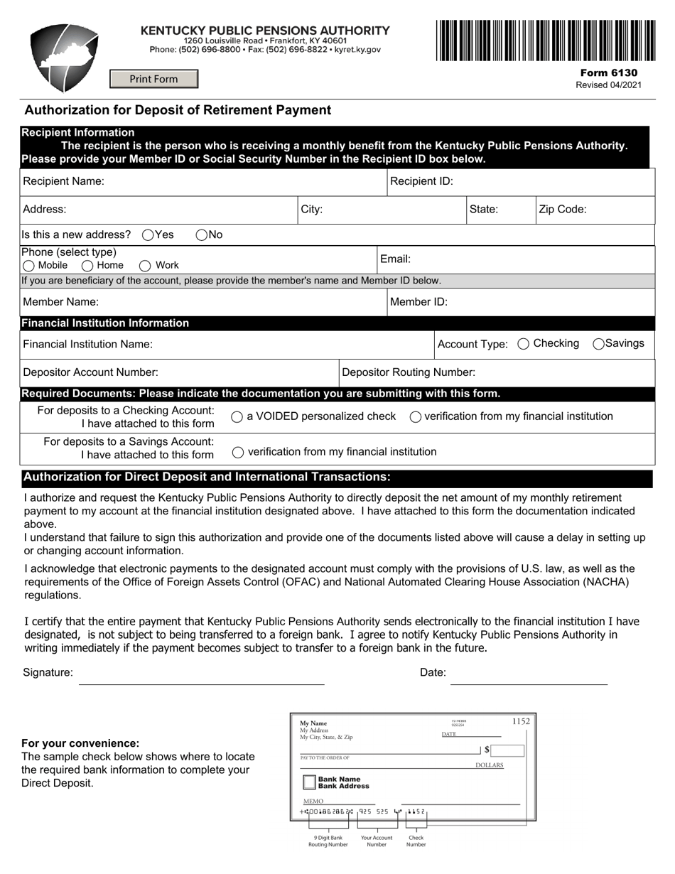 Form 6130 Authorization for Deposit of Retirement Payment - Kentucky, Page 1