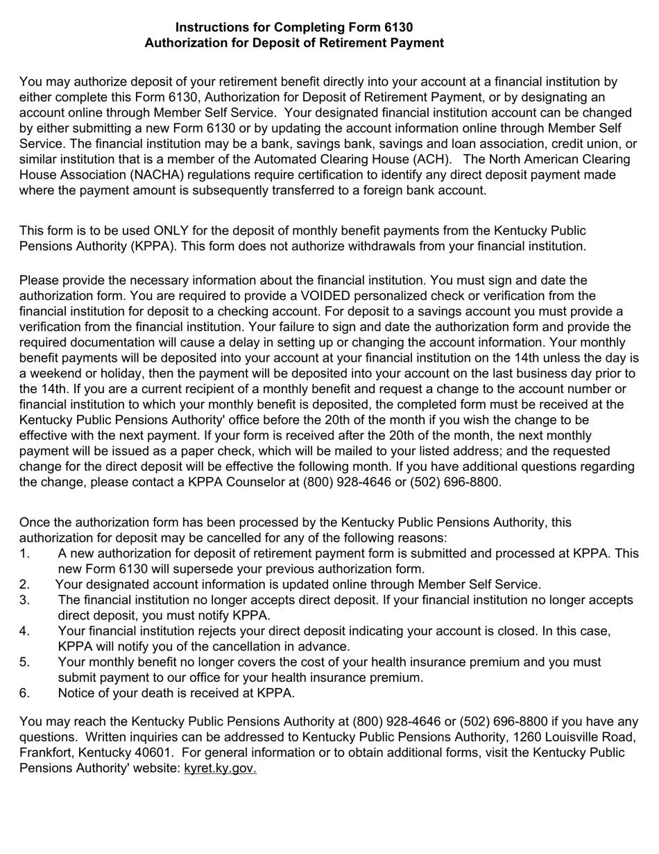 Form 6130 Authorization for Deposit of Retirement Payment - Kentucky, Page 2
