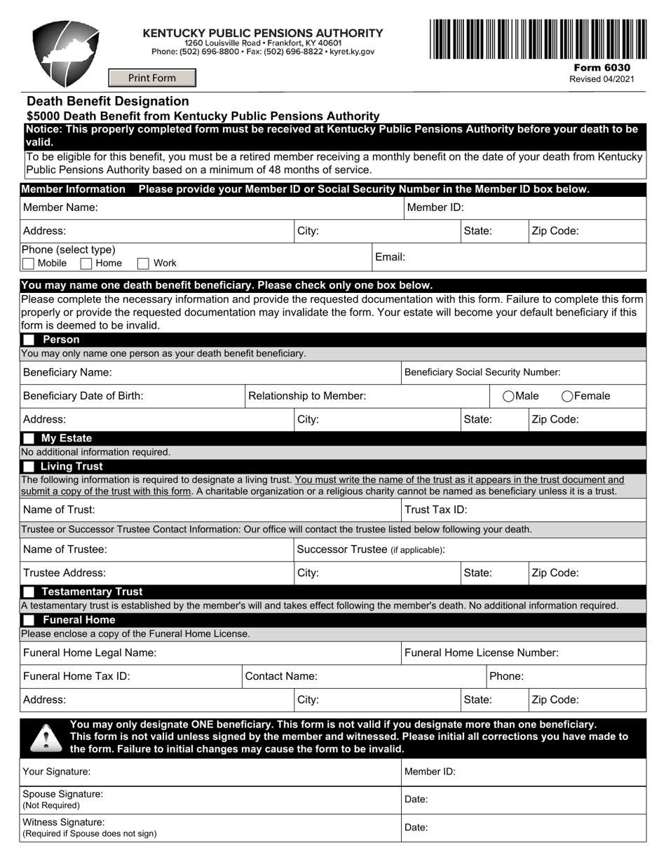 Form 6030 Death Benefit Designation - Kentucky, Page 1