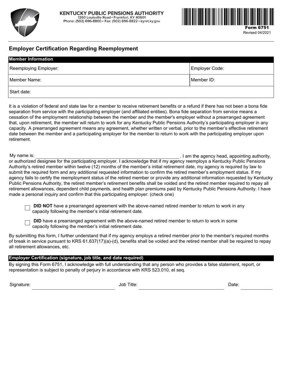 Form 6751 Employer Certification Regarding Reemployment - Kentucky, Page 1