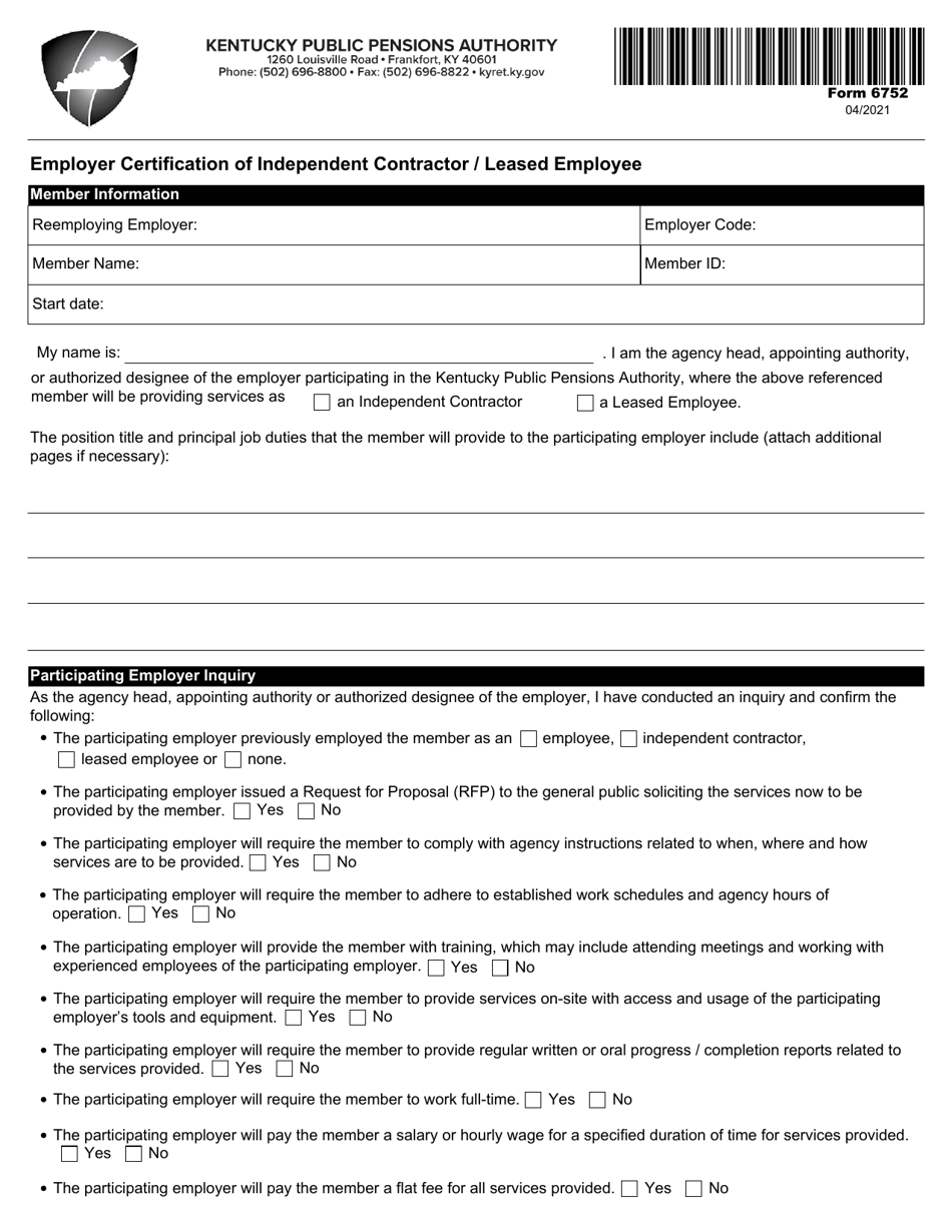 Form 6752 Employer Certification of Independent Contractor / Leased Employee - Kentucky, Page 1