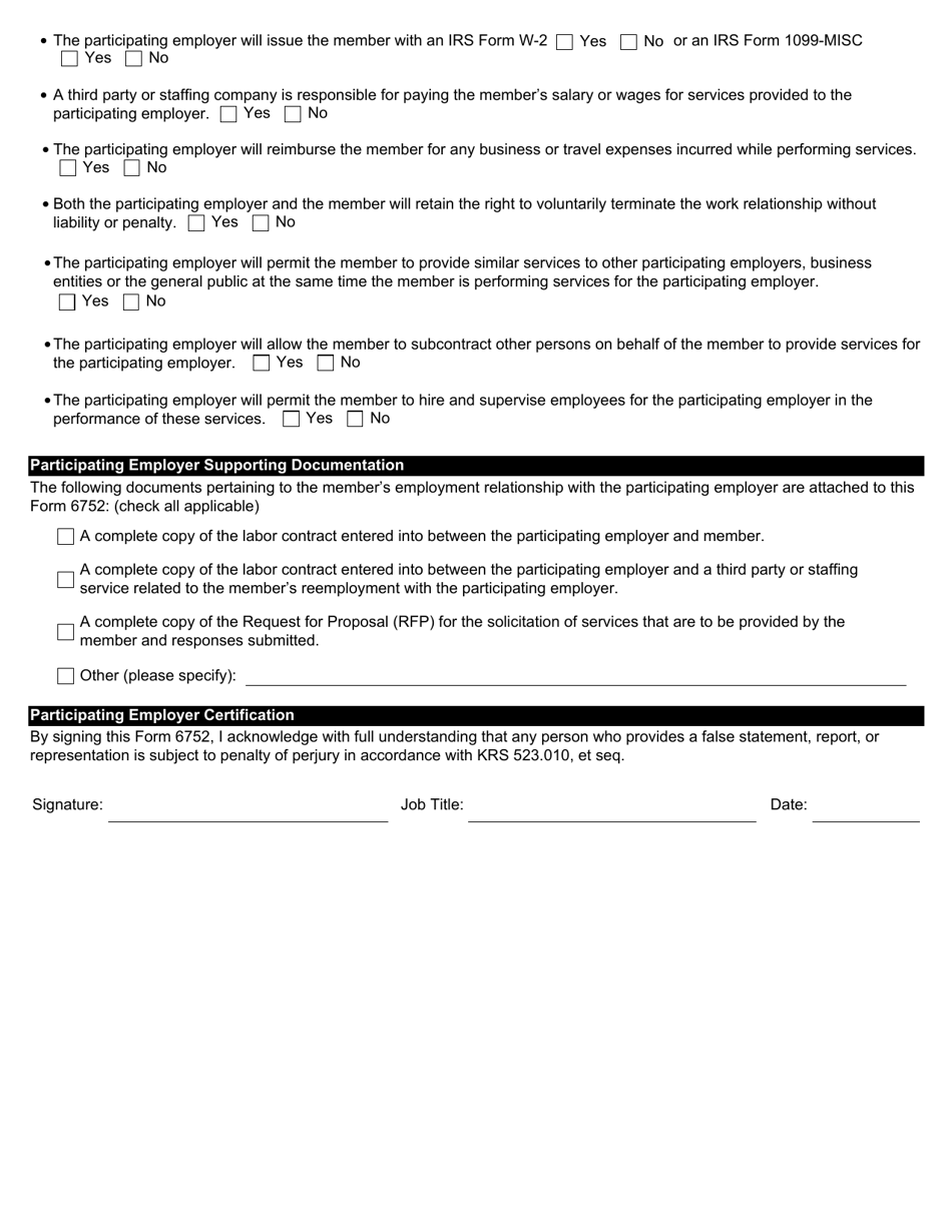 Form 6752 Employer Certification of Independent Contractor / Leased Employee - Kentucky, Page 2