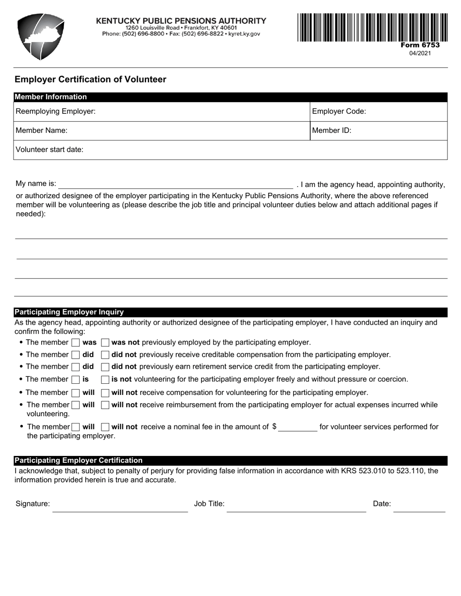 Form 6753 Employer Certification of Volunteer - Kentucky, Page 1