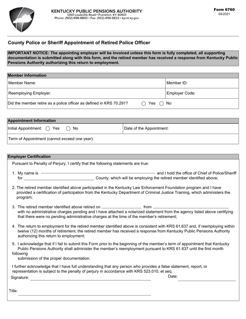 Form 6760 County Police or Sheriff Appointment of Retired Police Officer - Kentucky
