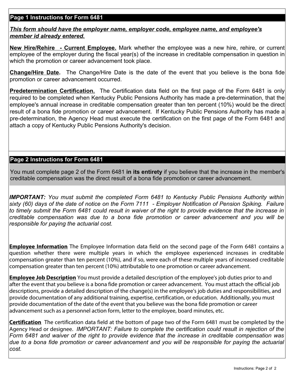 Form 6481 Employer Request for Post-determination of Bona Fide Promotion or Career Advancement - Kentucky, Page 2