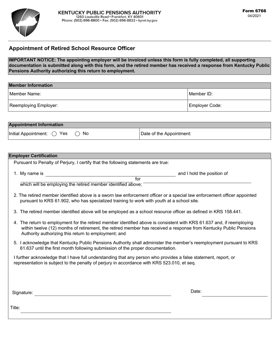 Form 6766 Appointment of Retired School Resource Officer - Kentucky, Page 1