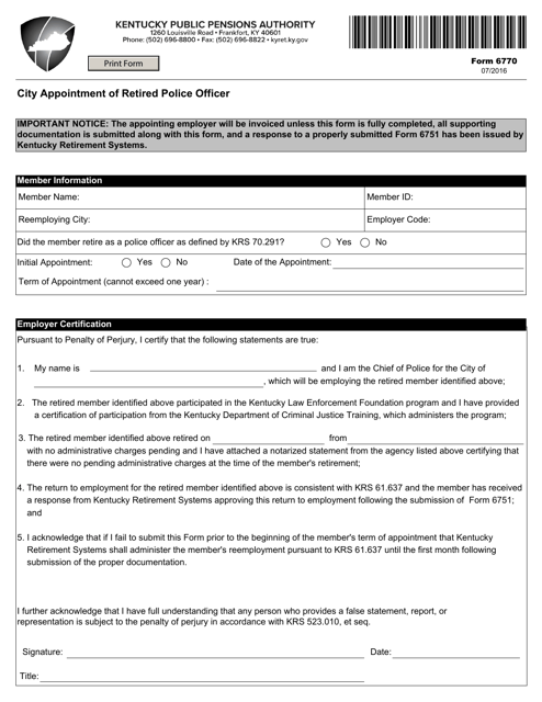 Form 6770 City Appointment of Retired Police Officer - Kentucky