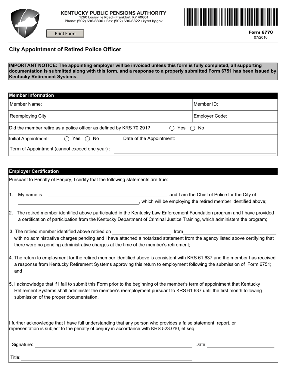 Form 6770 City Appointment of Retired Police Officer - Kentucky, Page 1