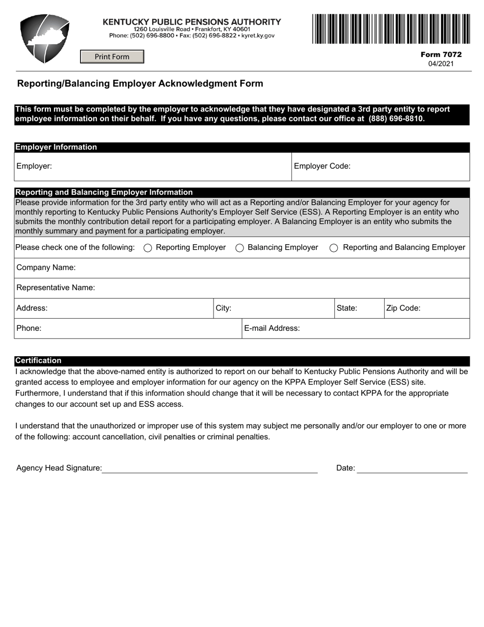 Form 7072 Reporting / Balancing Employer Acknowledgment Form - Kentucky, Page 1
