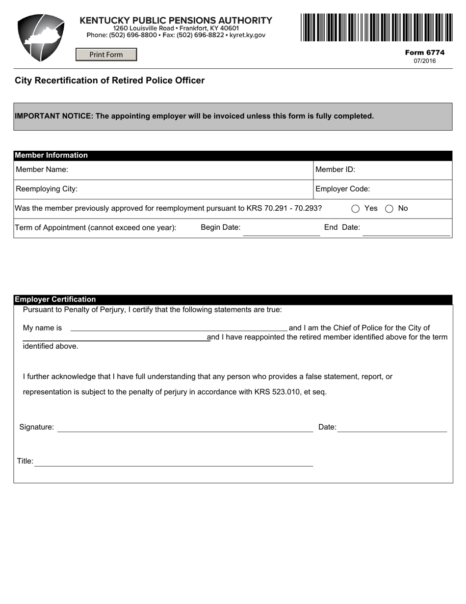 Form 6774 City Recertification of Retired Police Officer - Kentucky, Page 1
