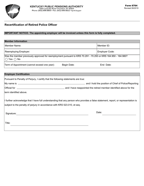 Form 6764 Recertification of Retired Police Officer - Kentucky