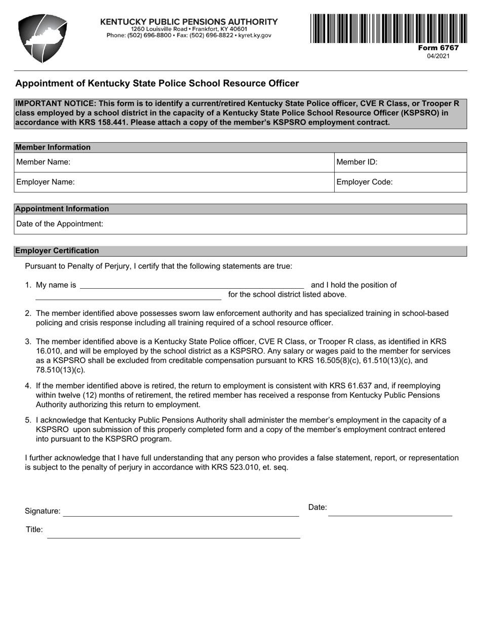 Form 6767 Appointment of Kentucky State Police School Resource Officer - Kentucky, Page 1