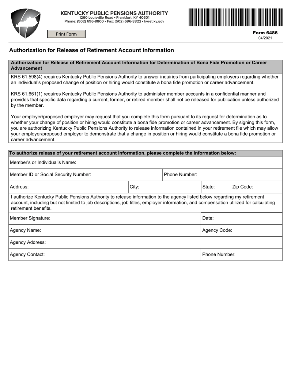 Form 6486 Authorization for Release of Retirement Account Information - Kentucky, Page 1