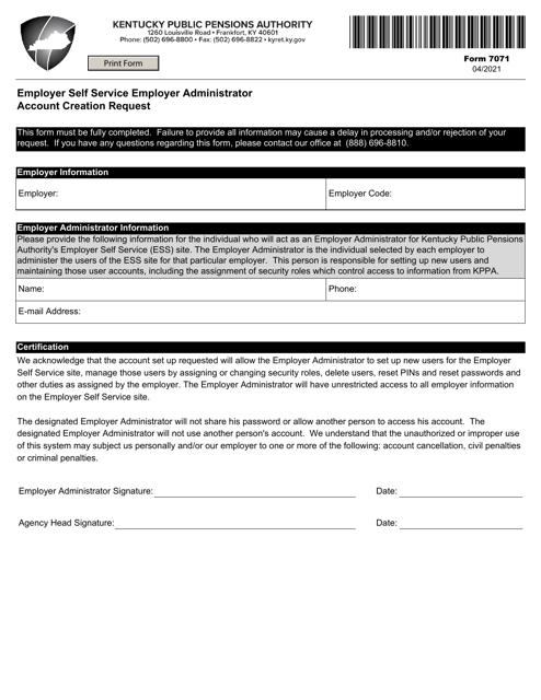 Form 7071 Employer Self Service Employer Administrator Account Creation Request - Kentucky